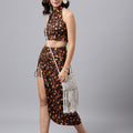Brown Floral Halter Crop Top & Slit Skirt Co-ord Set – Two-Piece Vacation Outfit for Women