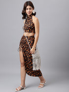 Brown Floral Halter Crop Top & Slit Skirt Co-ord Set – Two-Piece Vacation Outfit for Women