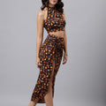 Brown Floral Halter Crop Top & Slit Skirt Co-ord Set – Two-Piece Vacation Outfit for Women