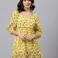 Yellow Floral Sweetheart Neck Mini Dress – Puff Sleeves, Ruffle Hem, A-Line Fit
