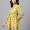 Yellow Floral Sweetheart Neck Mini Dress – Puff Sleeves, Ruffle Hem, A-Line Fit