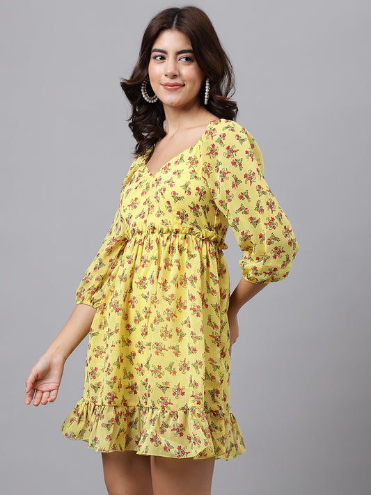Yellow Floral Sweetheart Neck Mini Dress – Puff Sleeves, Ruffle Hem, A-Line Fit