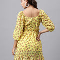 Yellow Floral Sweetheart Neck Mini Dress – Puff Sleeves, Ruffle Hem, A-Line Fit