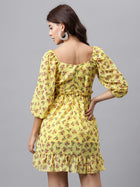 Yellow Floral Sweetheart Neck Mini Dress – Puff Sleeves, Ruffle Hem, A-Line Fit