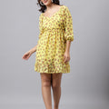 Yellow Floral Sweetheart Neck Mini Dress – Puff Sleeves, Ruffle Hem, A-Line Fit