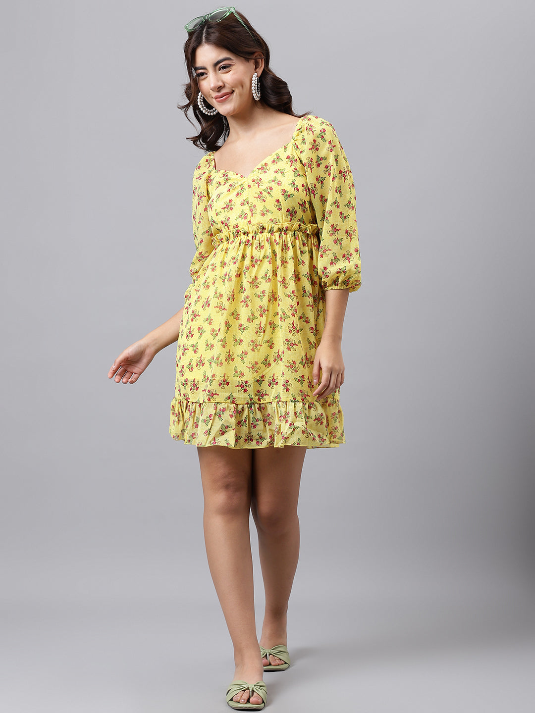 Yellow Floral Sweetheart Neck Mini Dress – Puff Sleeves, Ruffle Hem, A-Line Fit