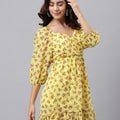 Yellow Floral Sweetheart Neck Mini Dress – Puff Sleeves, Ruffle Hem, A-Line Fit
