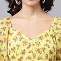 Yellow Floral Sweetheart Neck Mini Dress – Puff Sleeves, Ruffle Hem, A-Line Fit