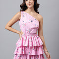 Pink Floral One-Shoulder Mini Dress – Cut-Out Waist, Tiered Ruffle Skirt, Summer Party Dress