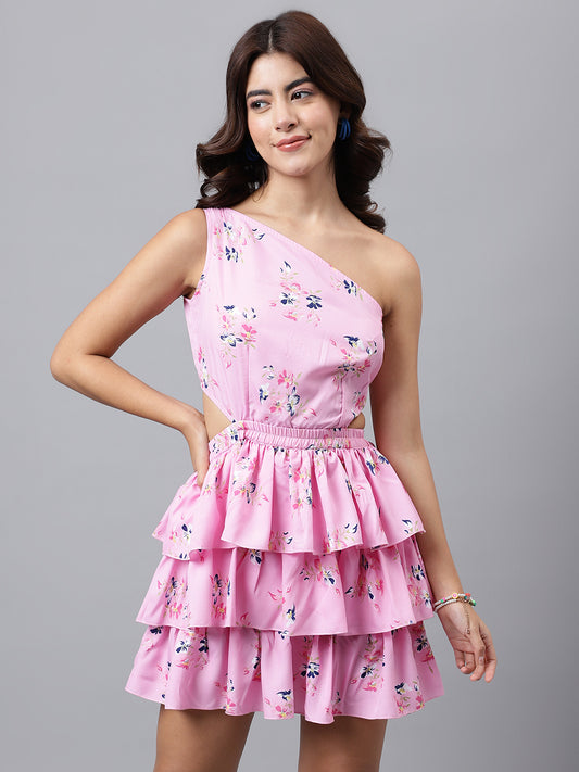 Pink Floral One-Shoulder Mini Dress – Cut-Out Waist, Tiered Ruffle Skirt, Summer Party Dress
