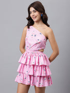 Pink Floral One-Shoulder Mini Dress – Cut-Out Waist, Tiered Ruffle Skirt, Summer Party Dress