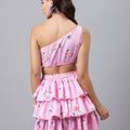 Pink Floral One-Shoulder Mini Dress – Cut-Out Waist, Tiered Ruffle Skirt, Summer Party Dress