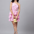 Pink Floral One-Shoulder Mini Dress – Cut-Out Waist, Tiered Ruffle Skirt, Summer Party Dress