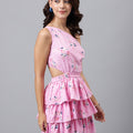 Pink Floral One-Shoulder Mini Dress – Cut-Out Waist, Tiered Ruffle Skirt, Summer Party Dress