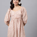 Blush Pink Abstract Print Mini Dress – Sweetheart Neckline, Puff Sleeves, A-Line Silhouette