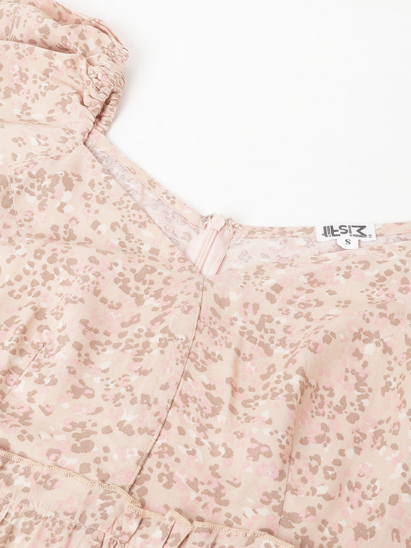 Blush Pink Abstract Print Mini Dress – Sweetheart Neckline, Puff Sleeves, A-Line Silhouette