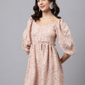 Blush Pink Abstract Print Mini Dress – Sweetheart Neckline, Puff Sleeves, A-Line Silhouette