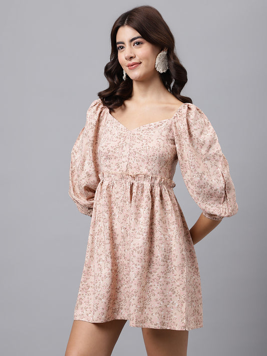 Blush Pink Abstract Print Mini Dress – Sweetheart Neckline, Puff Sleeves, A-Line Silhouette