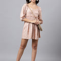 Blush Pink Abstract Print Mini Dress – Sweetheart Neckline, Puff Sleeves, A-Line Silhouette