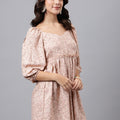 Blush Pink Abstract Print Mini Dress – Sweetheart Neckline, Puff Sleeves, A-Line Silhouette