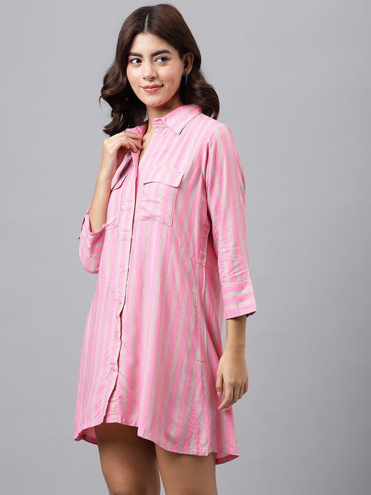 Zisfi Women’s Pink Striped Shirt Dress with Front Pockets – Casual Button-Down Tunic for Summer | 3/4 Sleeves, Relaxed Fit