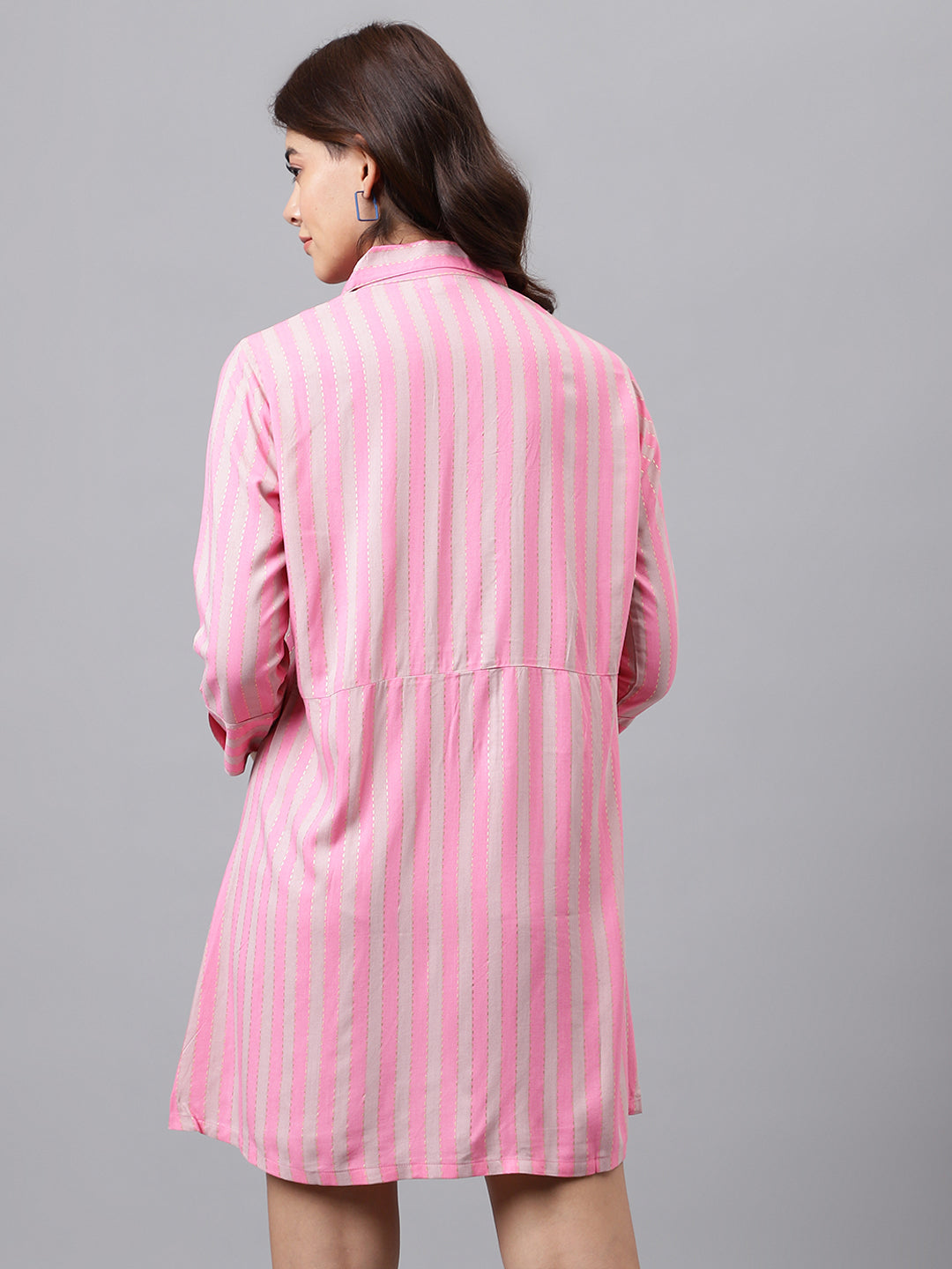 Zisfi Women’s Pink Striped Shirt Dress with Front Pockets – Casual Button-Down Tunic for Summer | 3/4 Sleeves, Relaxed Fit