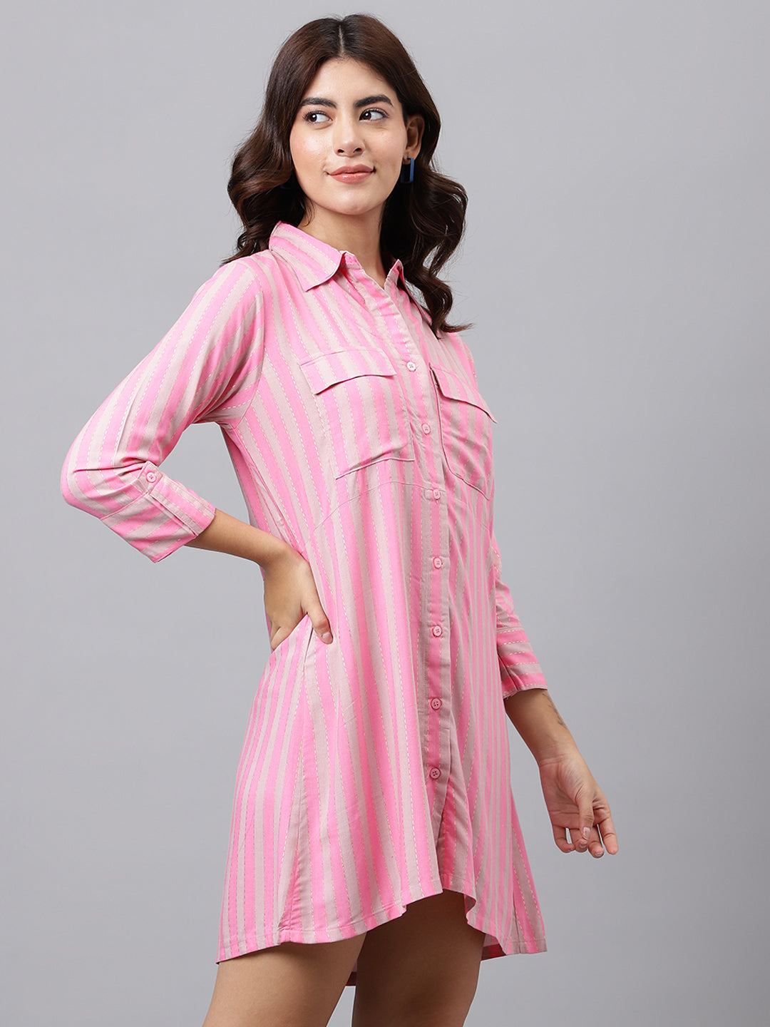 Zisfi Women’s Pink Striped Shirt Dress with Front Pockets – Casual Button-Down Tunic for Summer | 3/4 Sleeves, Relaxed Fit