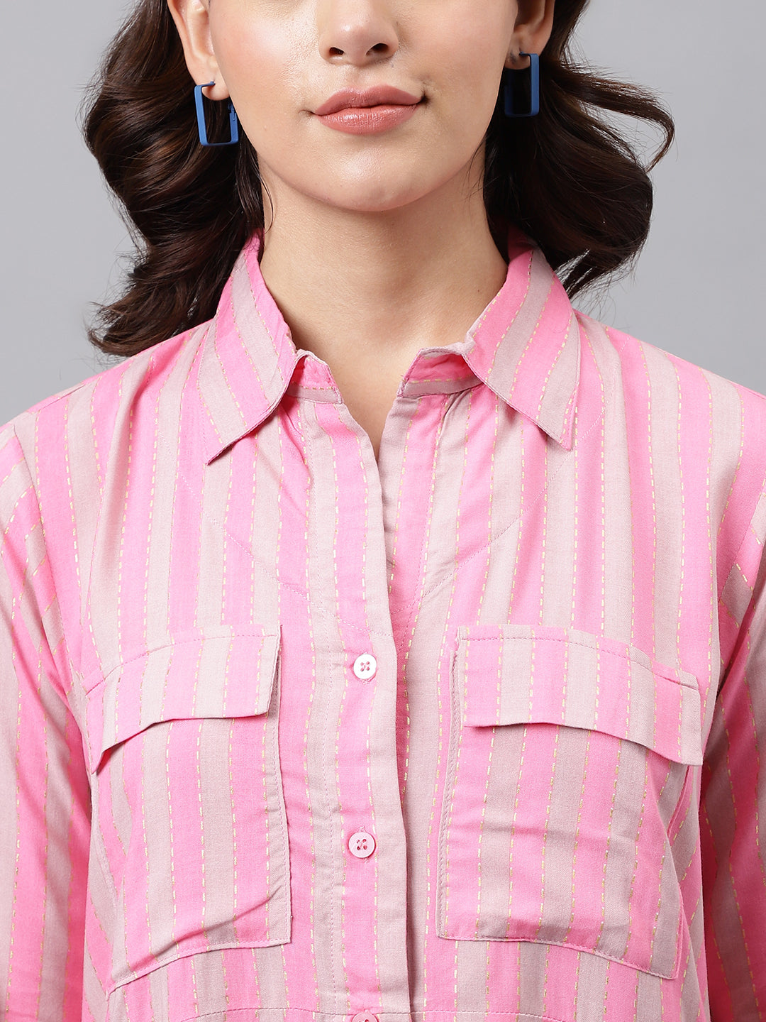 Zisfi Women’s Pink Striped Shirt Dress with Front Pockets – Casual Button-Down Tunic for Summer | 3/4 Sleeves, Relaxed Fit
