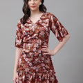 Rust Floral V-Neck Mini Dress – Flare Sleeves, Ruffled Hem, Satin-Like Fabric