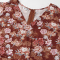 Rust Floral V-Neck Mini Dress – Flare Sleeves, Ruffled Hem, Satin-Like Fabric