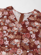 Rust Floral V-Neck Mini Dress – Flare Sleeves, Ruffled Hem, Satin-Like Fabric