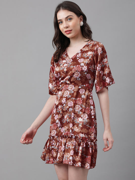 Rust Floral V-Neck Mini Dress – Flare Sleeves, Ruffled Hem, Satin-Like Fabric