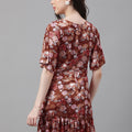 Rust Floral V-Neck Mini Dress – Flare Sleeves, Ruffled Hem, Satin-Like Fabric