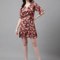 Rust Floral V-Neck Mini Dress – Flare Sleeves, Ruffled Hem, Satin-Like Fabric