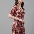 Rust Floral V-Neck Mini Dress – Flare Sleeves, Ruffled Hem, Satin-Like Fabric