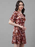 Rust Floral V-Neck Mini Dress – Flare Sleeves, Ruffled Hem, Satin-Like Fabric