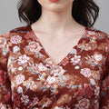 Rust Floral V-Neck Mini Dress – Flare Sleeves, Ruffled Hem, Satin-Like Fabric