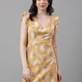Golden Yellow Floral V-Neck Mini Dress – Ruffle Sleeves, Open Back, Tie-Up Detail