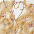 Golden Yellow Floral V-Neck Mini Dress – Ruffle Sleeves, Open Back, Tie-Up Detail