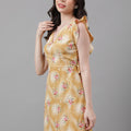 Golden Yellow Floral V-Neck Mini Dress – Ruffle Sleeves, Open Back, Tie-Up Detail