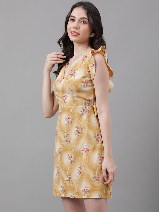 Golden Yellow Floral V-Neck Mini Dress – Ruffle Sleeves, Open Back, Tie-Up Detail