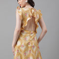 Golden Yellow Floral V-Neck Mini Dress – Ruffle Sleeves, Open Back, Tie-Up Detail