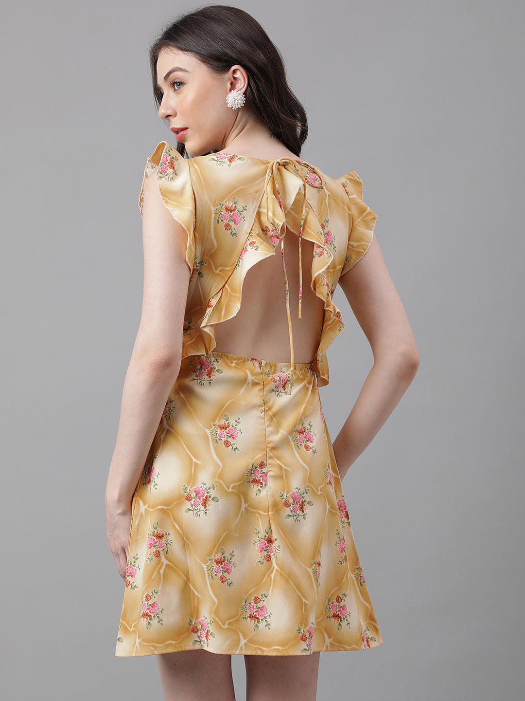 Golden Yellow Floral V-Neck Mini Dress – Ruffle Sleeves, Open Back, Tie-Up Detail