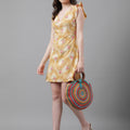 Golden Yellow Floral V-Neck Mini Dress – Ruffle Sleeves, Open Back, Tie-Up Detail