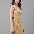 Golden Yellow Floral V-Neck Mini Dress – Ruffle Sleeves, Open Back, Tie-Up Detail
