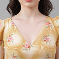 Golden Yellow Floral V-Neck Mini Dress – Ruffle Sleeves, Open Back, Tie-Up Detail