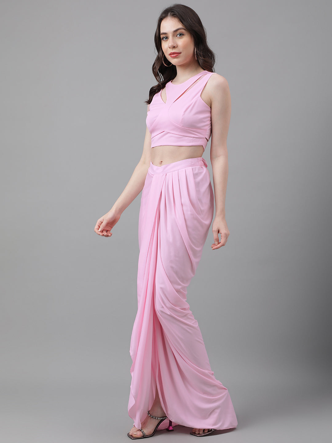 Trymisfit Women's Pink Cord Cotton Blend Saree-Style Co-ord Set – Halter Crop Top & Drawstring Drape Skirt | Indo-Western Festive Outfit