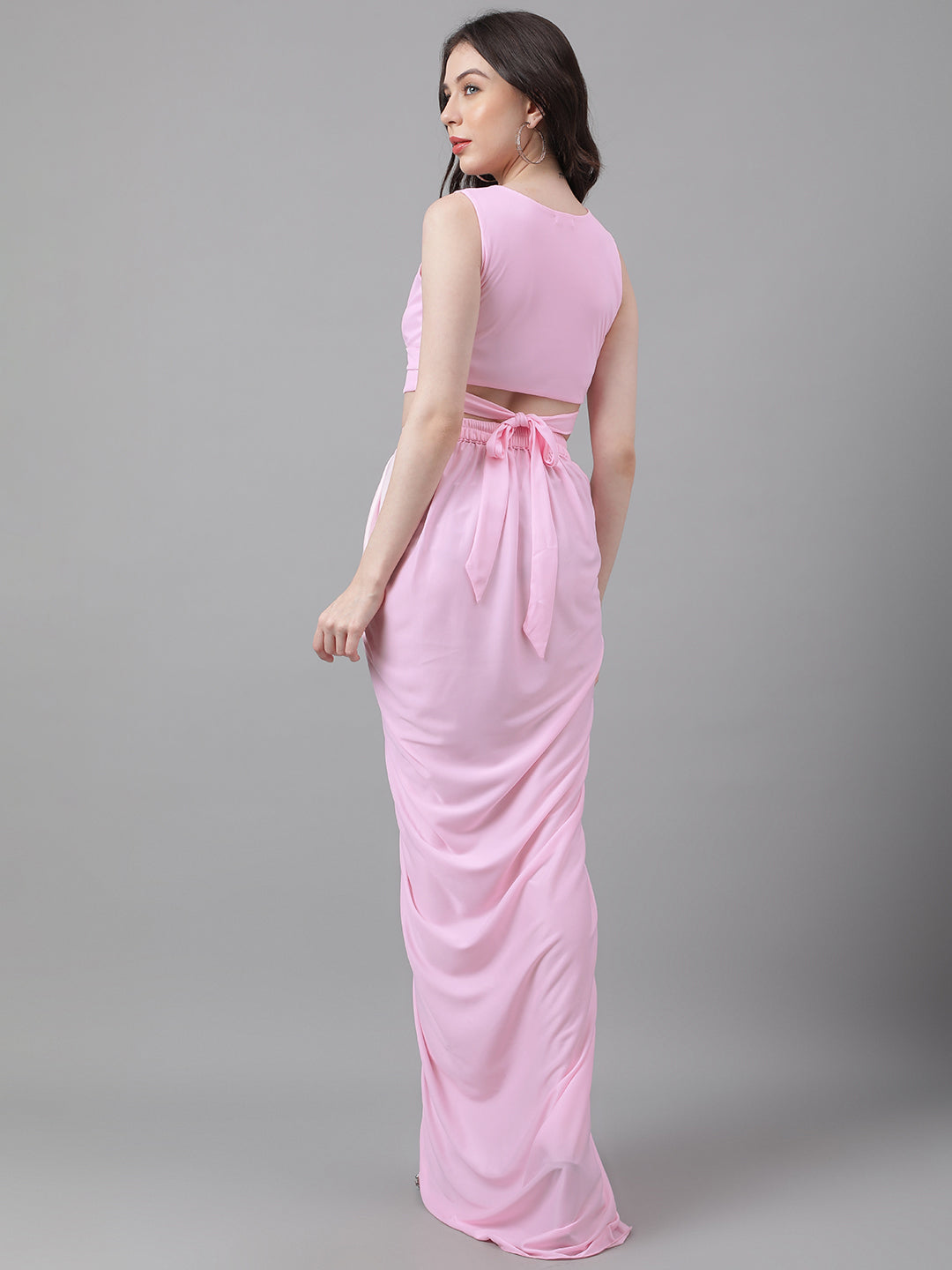 Trymisfit Women's Pink Cord Cotton Blend Saree-Style Co-ord Set – Halter Crop Top & Drawstring Drape Skirt | Indo-Western Festive Outfit