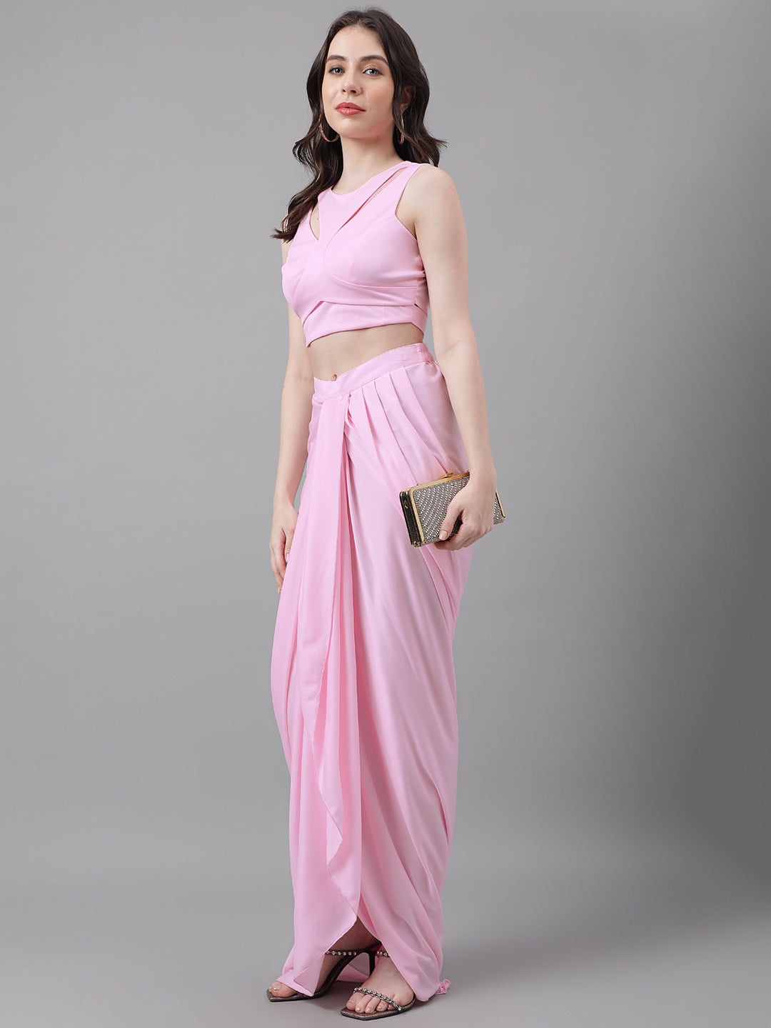 Trymisfit Women's Pink Cord Cotton Blend Saree-Style Co-ord Set – Halter Crop Top & Drawstring Drape Skirt | Indo-Western Festive Outfit