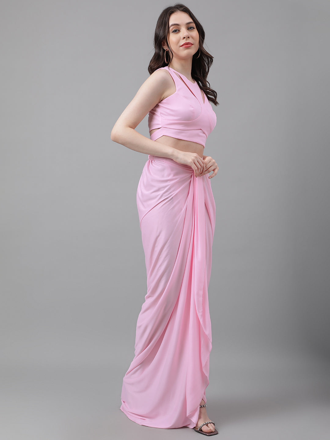 Trymisfit Women's Pink Cord Cotton Blend Saree-Style Co-ord Set – Halter Crop Top & Drawstring Drape Skirt | Indo-Western Festive Outfit